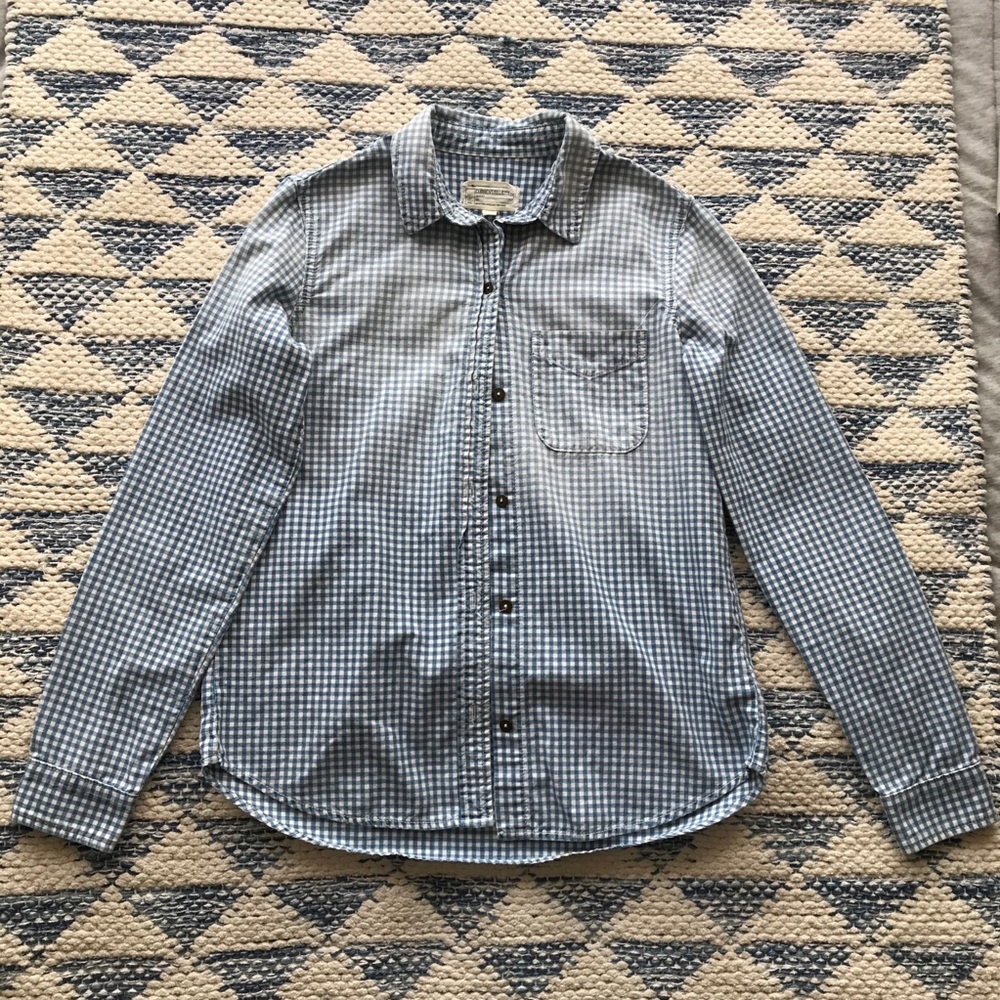 Current Elliott Slim Boy Blue White Gingham Top 0 Plaid Checkered 100% Cotton